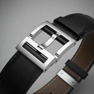 Polished silver buckle detail on a black leather watch strap.