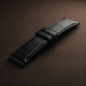 A luxurious black leather watch strap presented on a soft surface.