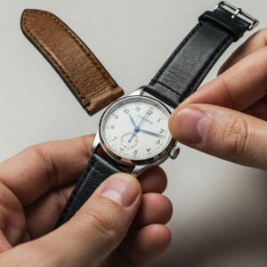 Replacing an old watch strap with a new black leather watch strap.