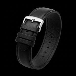 A classic black leather watch strap with a silver buckle, a popular choice among the best leather watch straps.