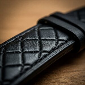 Detailed stitching pattern on a durable black leather watch strap.