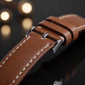"Elegant brown leather watch strap on a person's wrist."