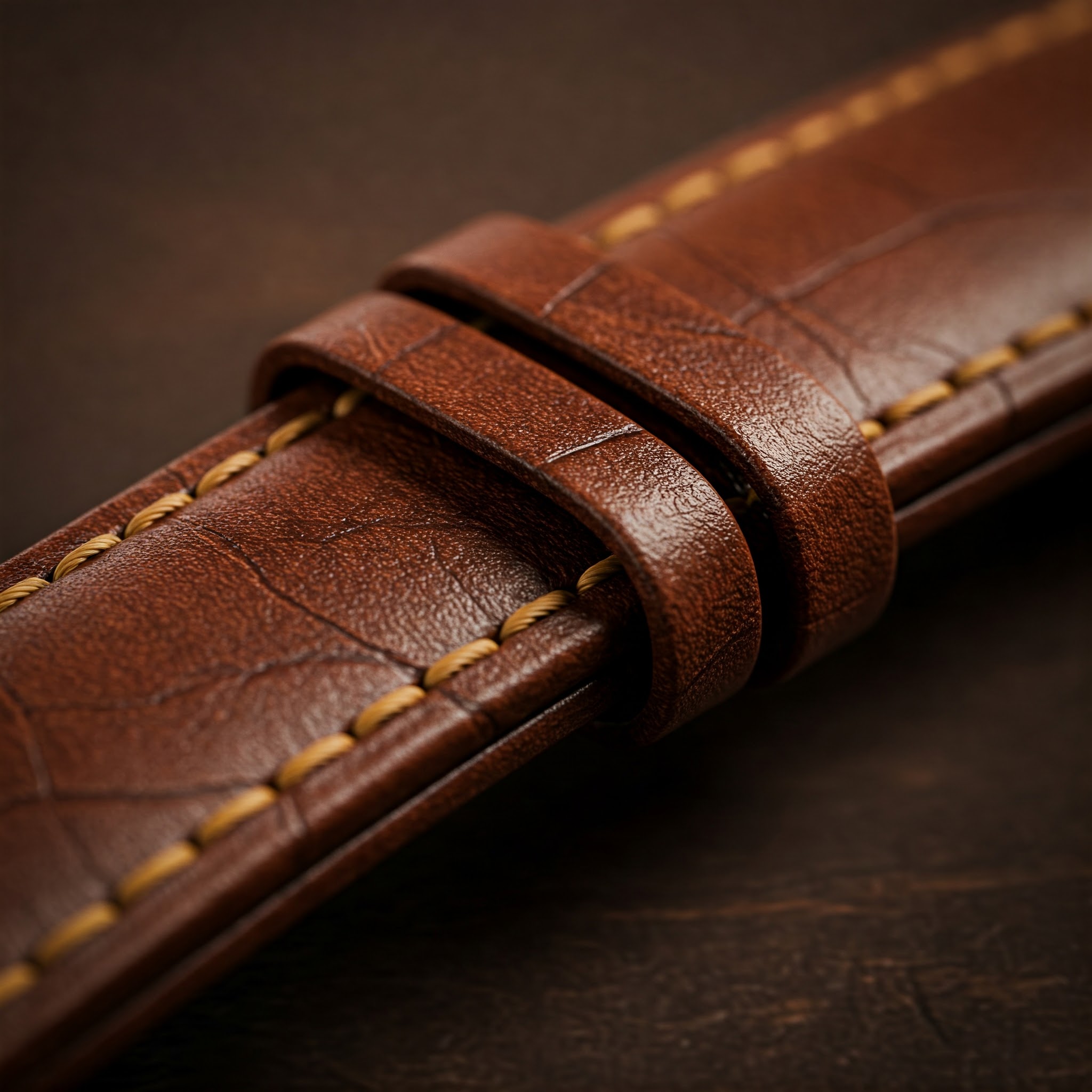 "Close-up of a brown leather watch strap showing fine stitching and texture."