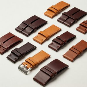 "Collection of brown leather watch straps in various shades and textures."