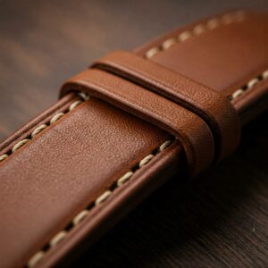"Detailed view of the hand-stitched brown leather watch strap."