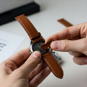 Fingers changing a leather watch strap on a watch, implying the ease of customization with the best leather watch straps.