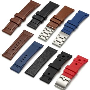 A selection of Citizen watch bands in various materials: leather, stainless steel, and silicone for citizen watch band replacement.