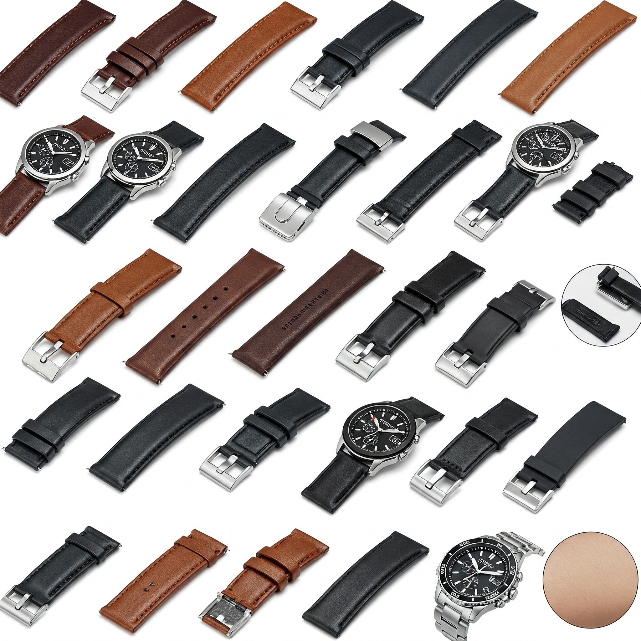 Various citizen watch band replacement options displayed, showcasing different materials and styles.