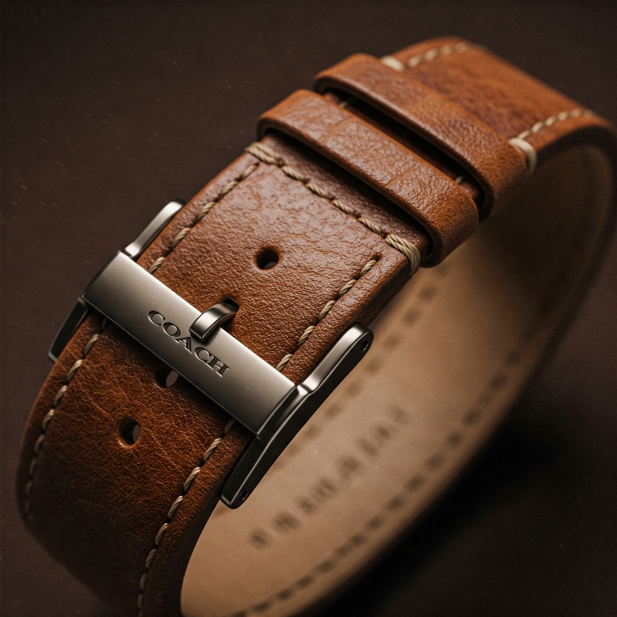 Close-up of a stylish brown leather coach watch strap showing the texture and buckle detail.