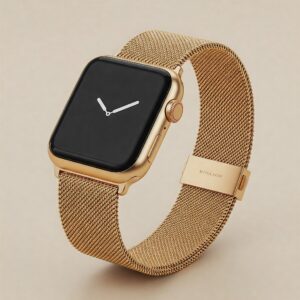 Elegant gold milanese watch band attached to an Apple Watch, highlighting a luxurious look.