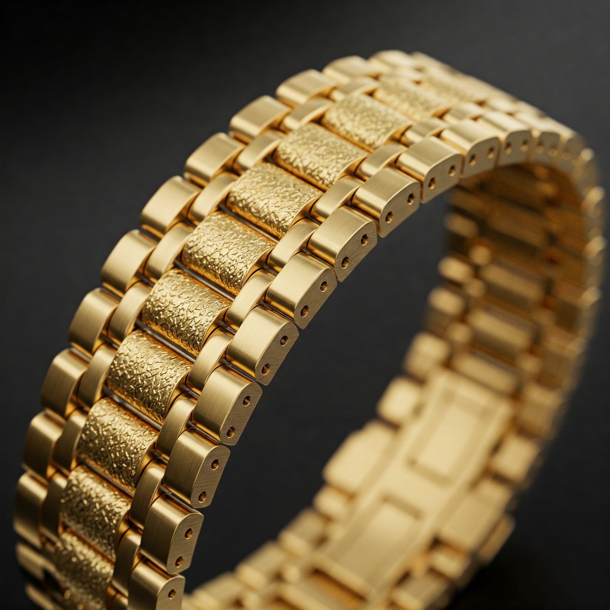 Close-up of a luxurious gold watch band showcasing intricate details and elegant design.