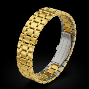 Gold watch band with stainless steel links, highlighting durability and style.