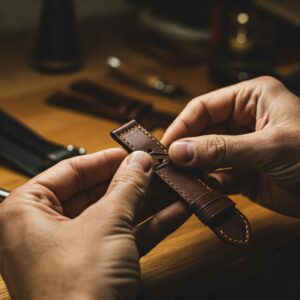Artisan's hands crafting a handmade leather watch strap, emphasizing the quality and detail of the best leather watch straps. 