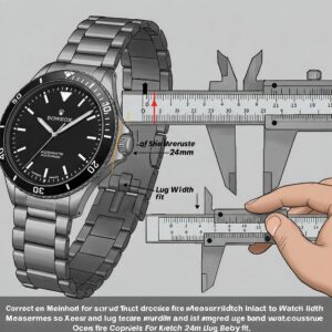 Diagram showing how to measure a watch lug width to determine if a 24mm watch band is the correct size. 