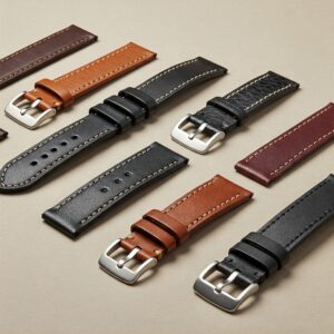Different types of leather watch straps including classic, rally, and pilot styles, highlighting the variety of the best leather watch straps.