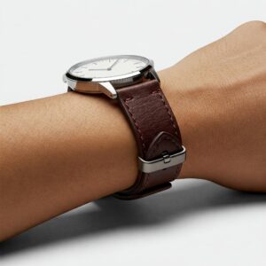 A stylish men's wristwatch with a sophisticated leather strap on a wrist, illustrating how the best leather watch straps look when worn.