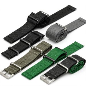 "Variety of colorful perlon watch straps including black, grey, and green."