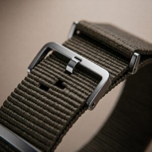 "Perlon watch strap with a convenient quick-release spring bar mechanism."