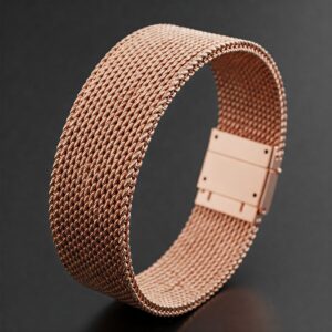 Detailed view of a rose gold milanese watch band showing the intricate woven design.