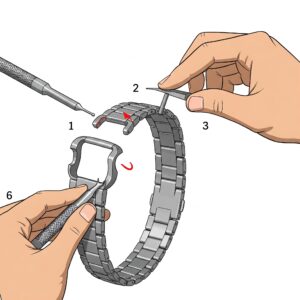 Animated illustration demonstrating the steps to install a ss watch band extension.