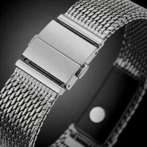 Classic stainless steel milanese watch band with a magnetic closure mechanism.