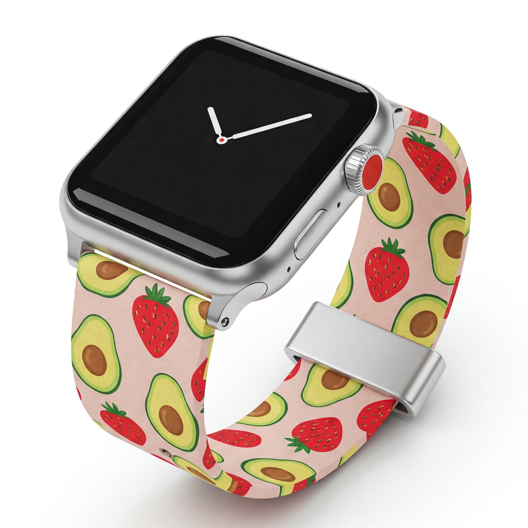 "Close-up of a stylish smartwatch featuring a unique strawberry avocado watch band."