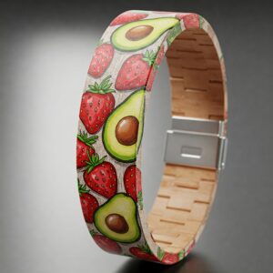 "Intricate design of a strawberry avocado watch band with vibrant illustrations."