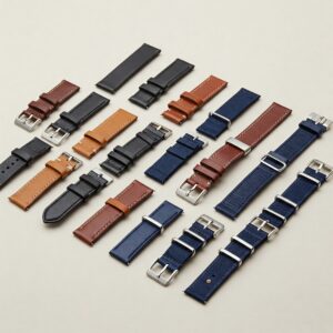 Collection of various 21mm watch strap styles and colors laid out together.