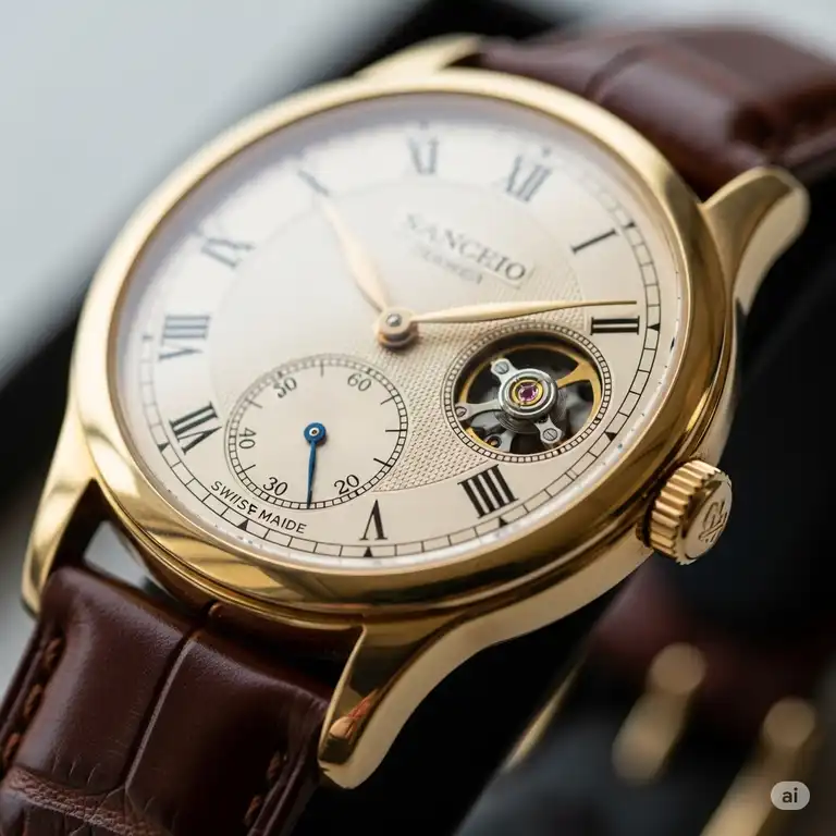 Close-up of a classic 14k gold watch mens with a sophisticated dial and leather strap.