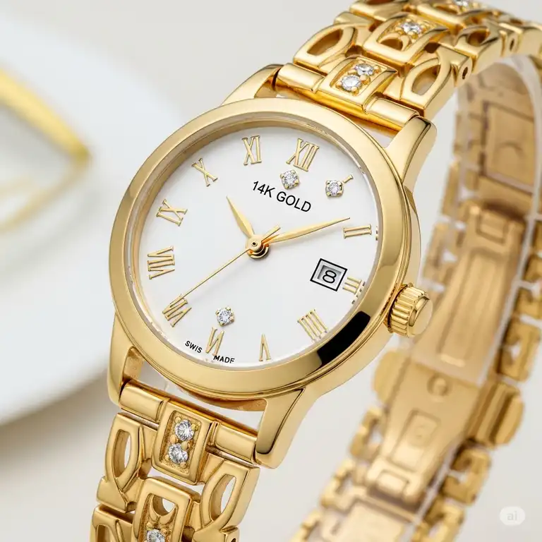 "Elegant 14k gold watches for women, featuring a classic design and sparkling diamond accents, perfect for sophisticated everyday wear or special occasions."