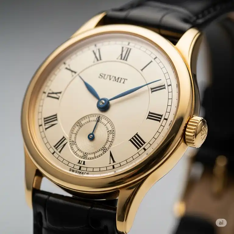 A close-up of a classic 14k gold wrist watch with a black leather strap, showcasing its intricate details and elegant design.