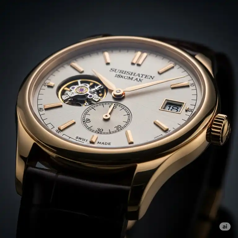 Close-up of a luxurious 18k gold watch with a classic design on a dark background, showcasing its intricate details and rich metallic luster.