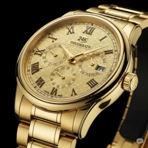 Close-up of a luxurious 24k gold watches for men, showcasing intricate dial details and a polished finish.