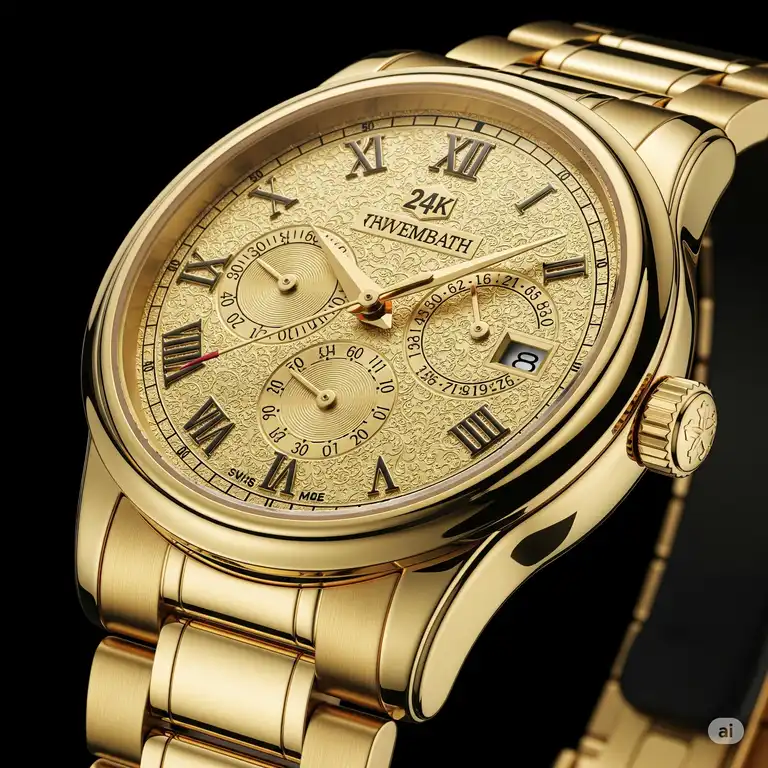 Close-up of a luxurious 24k gold watches for men, showcasing intricate dial details and a polished finish.