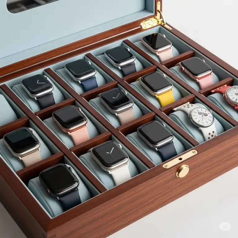 A luxurious wooden watch box for Apple Watch, perfectly displaying and organizing several Apple Watches with their bands. The elegant design complements the modern aesthetic of the watches.