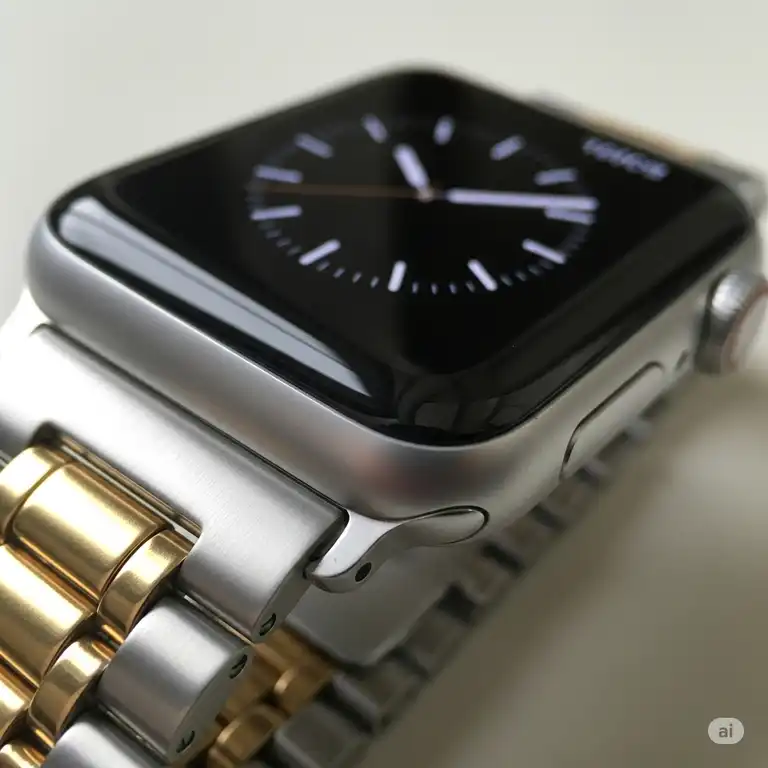 Close-up of an Apple Watch with stylish apple watch straps silver and gold, showcasing elegant design and premium materials.