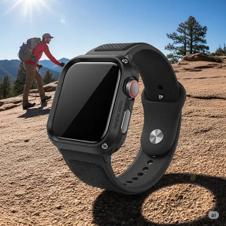 A rugged black Apple Watch Ultra case protecting the smartwatch on a hiking trail, showcasing its durability and secure fit.