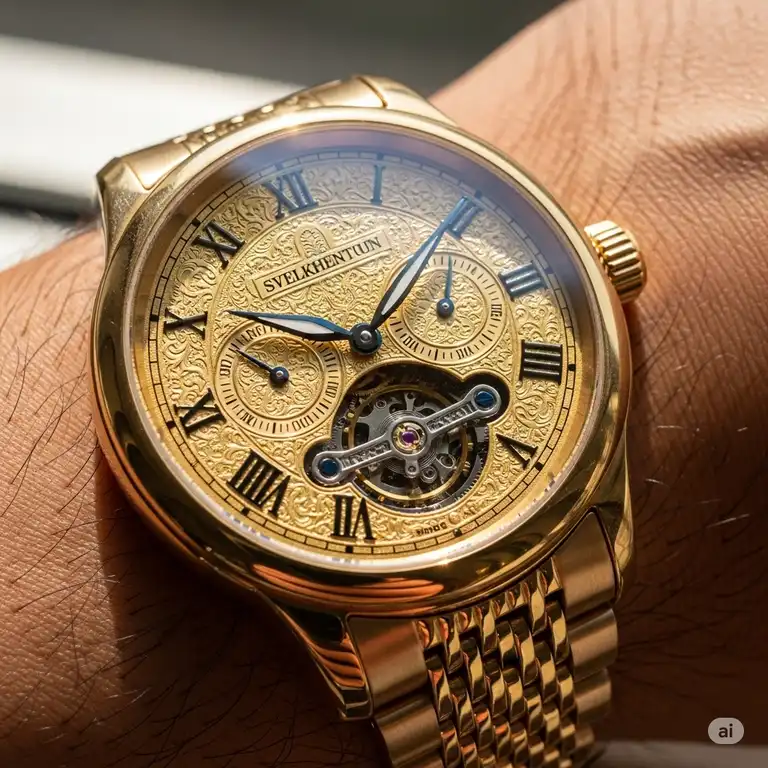 A close-up shot of a luxurious gold plated watch on a wrist, showcasing its intricate details and elegant design.