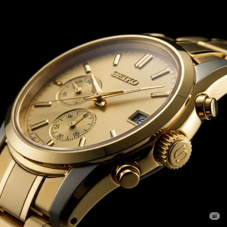 "Close-up of a sophisticated gold Seiko watch men, showcasing its elegant design and precise timekeeping on a black background."
