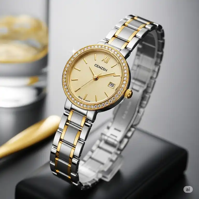 Elegant gold silver women's watch with a polished bracelet, perfect for everyday wear or special occasions.