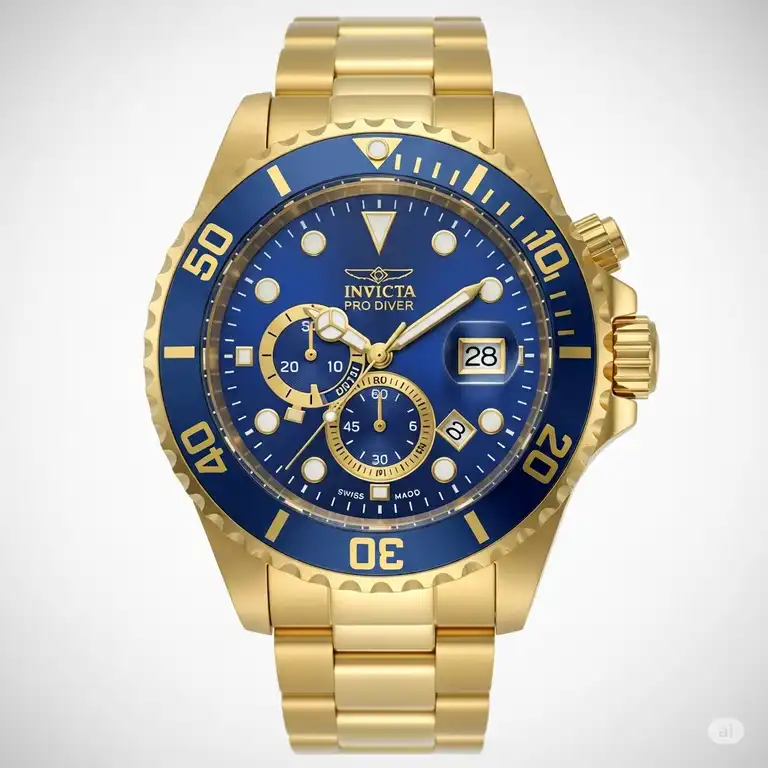 Invicta watches gold Pro Diver men's with a striking blue dial, showcasing its elegant design and precise craftsmanship.