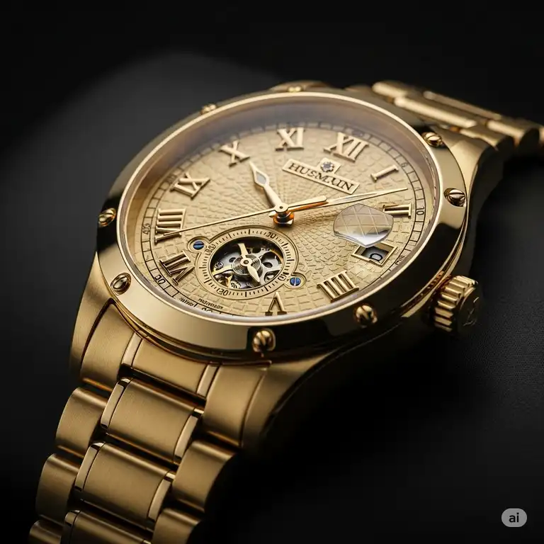 A close-up of a sophisticated luxury gold watch for men on a dark background, showcasing its intricate dial and polished gold bracelet.