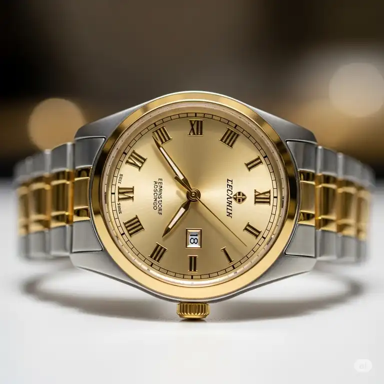 "Close-up view of a sophisticated gold and silver watch for men with a classic dial, perfect for both casual and formal occasions."