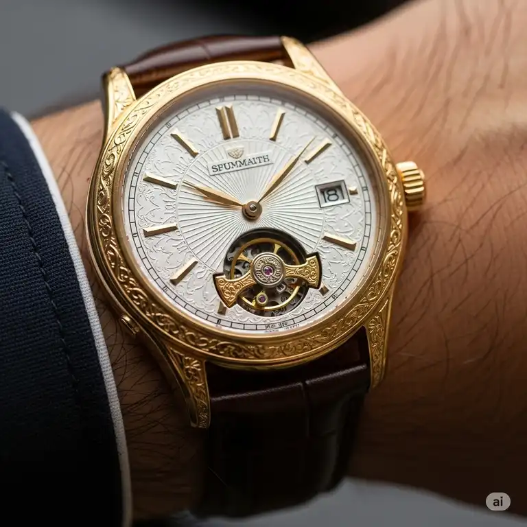 Close-up of a luxurious real gold watches for men elegantly displayed on a wrist, showcasing its intricate details and polished finish.