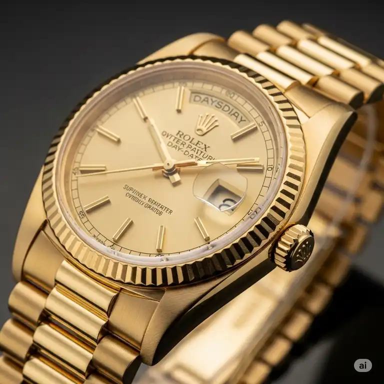 Close-up view of a classic rolex gold watch Day-Date in 18k yellow, showcasing its fluted bezel and Presidential bracelet, highlighting luxury and precision.