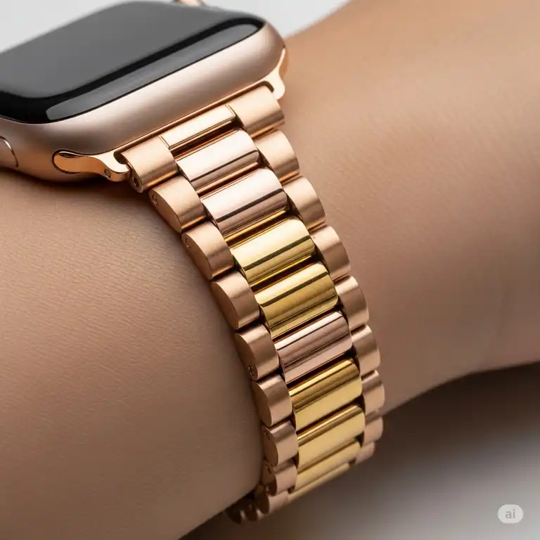 Elegant rose gold and gold Apple Watch band on a wrist, showcasing its luxurious two-tone design.