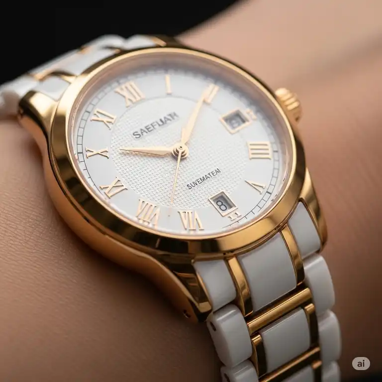 A close-up shot of an elegant white and gold watch on a wrist, highlighting its intricate details and luxurious appeal.