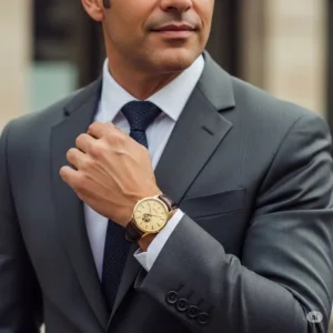 A man wearing a sophisticated 14k gold wrist watch, paired with a business suit, highlighting its versatility for formal occasions.