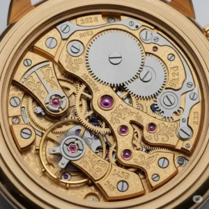 Detailed illustration of the intricate mechanical movement inside an 18k gold watch, highlighting its craftsmanship.