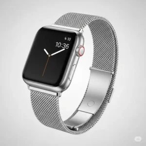 Apple Watch with shimmering apple watch straps silver and gold Milanese loop, perfect for a sophisticated and comfortable fit.